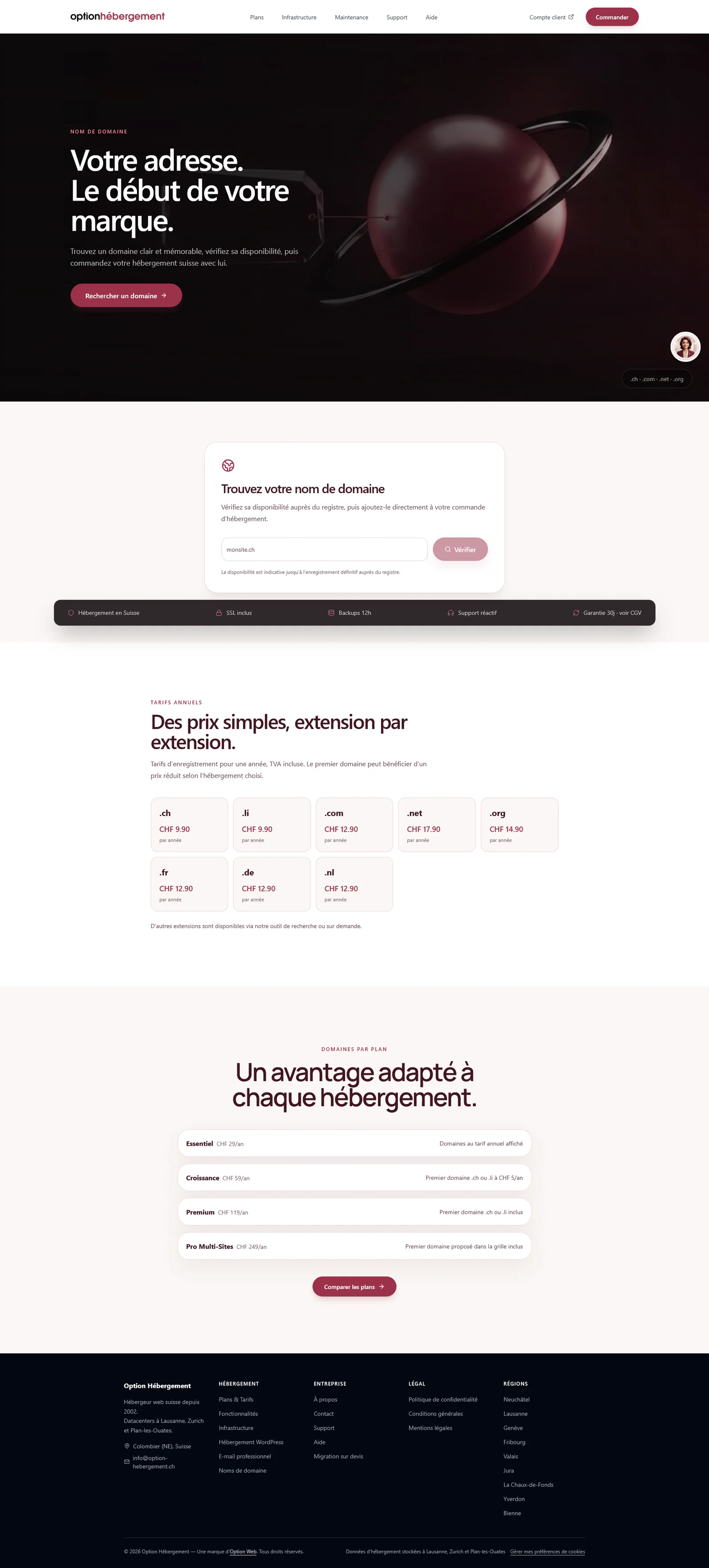 Page complète de recherche et de commande de noms de domaine