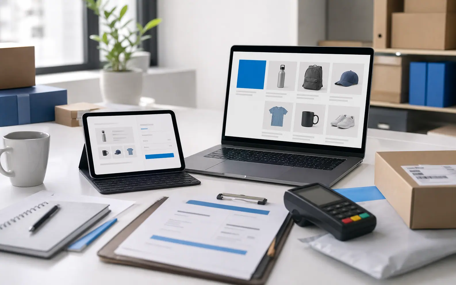 Interface de boutique en ligne avec catalogue, panier et paiement